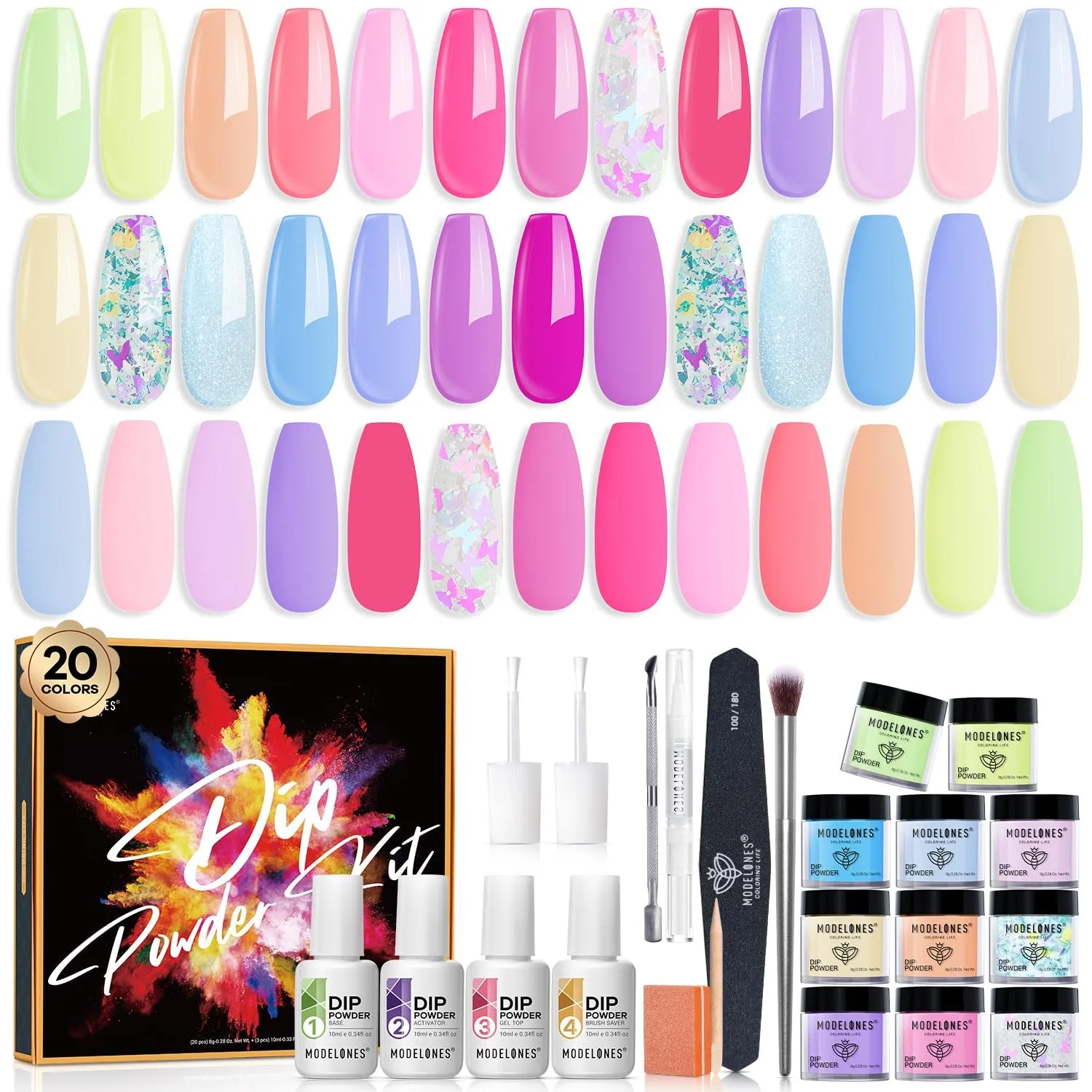 32-Piece Nail Dip Powder Kit - 20 Stunning Colors, Base & Top Coats, Tools for DIY Nail Art