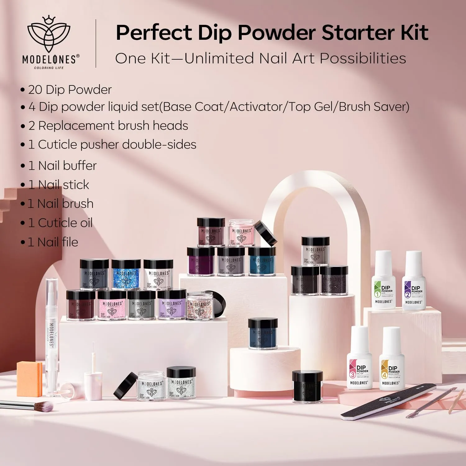 32-Piece Nail Dip Powder Kit - 20 Stunning Colors, Base & Top Coats, Tools for DIY Nail Art