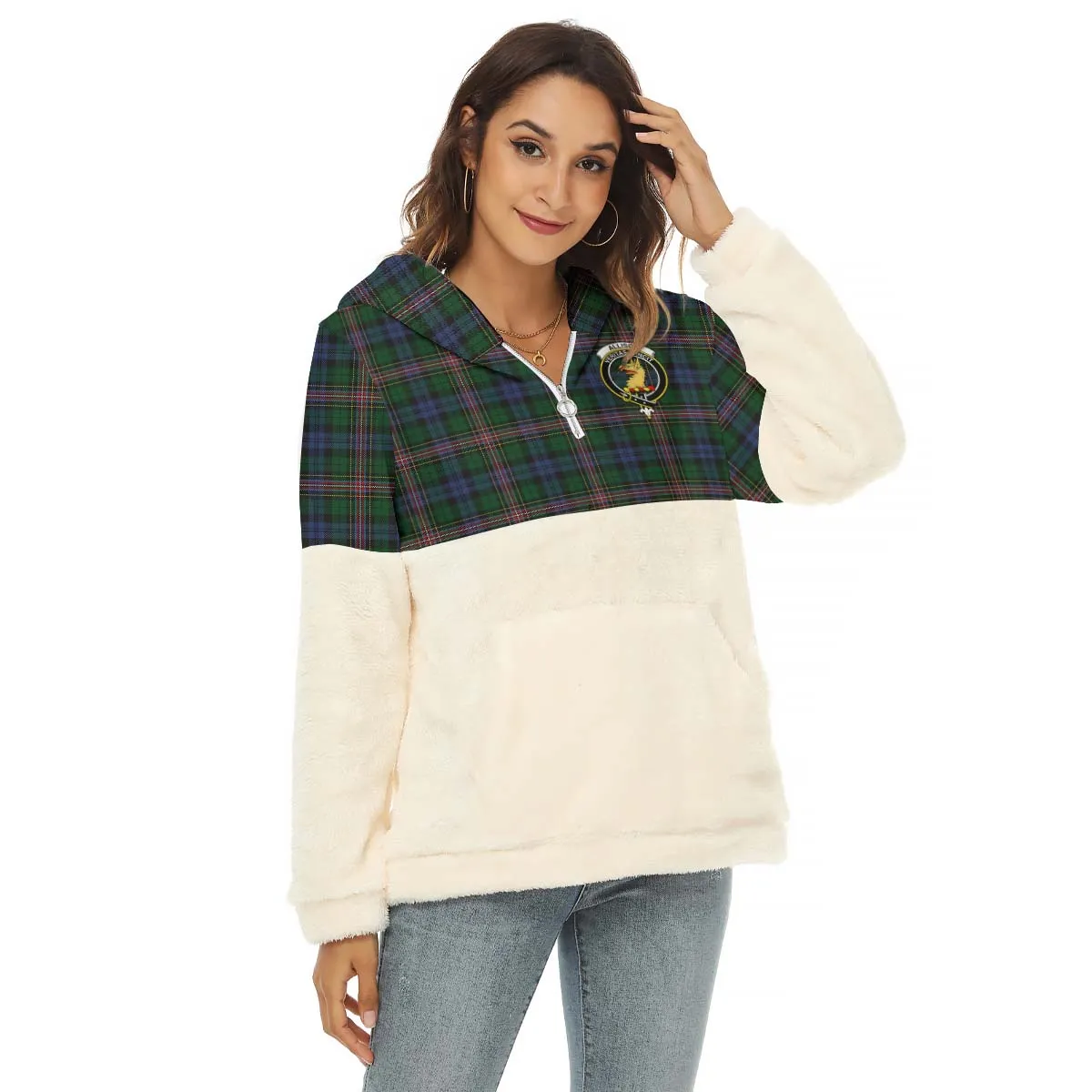 Allison Tartan Women's Borg Fleece Hoodie With Half Zip with Family Crest