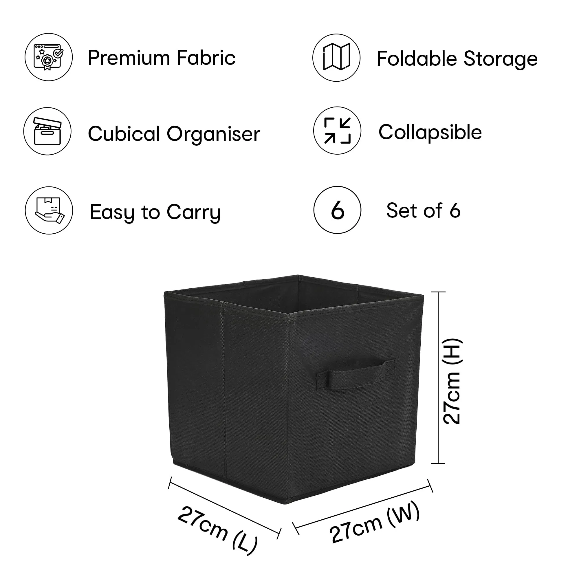 Anko Premium Foldable Storage Box for Saree, Shirts, Books, Toys | Set of 6 | Sturdy, Durable Fabric | Collapsible Organizer for Home, Office, Bedroom | Black | 10.6 inches