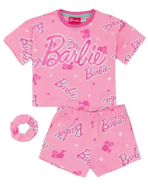 Barbie Girls Pink T-Shirt And Shorts Pyjamas With Scrunchie Set