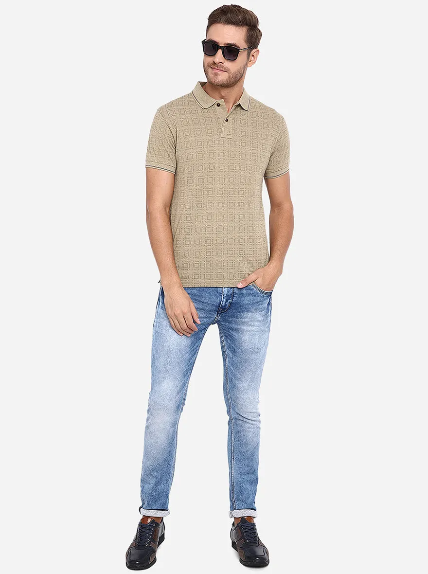 Beige Printed Slim Fit Polo T-Shirt | Greenfibre