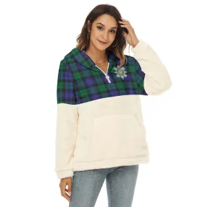 Black Watch Modern Tartan Women's Borg Fleece Hoodie With Half Zip with Family Crest