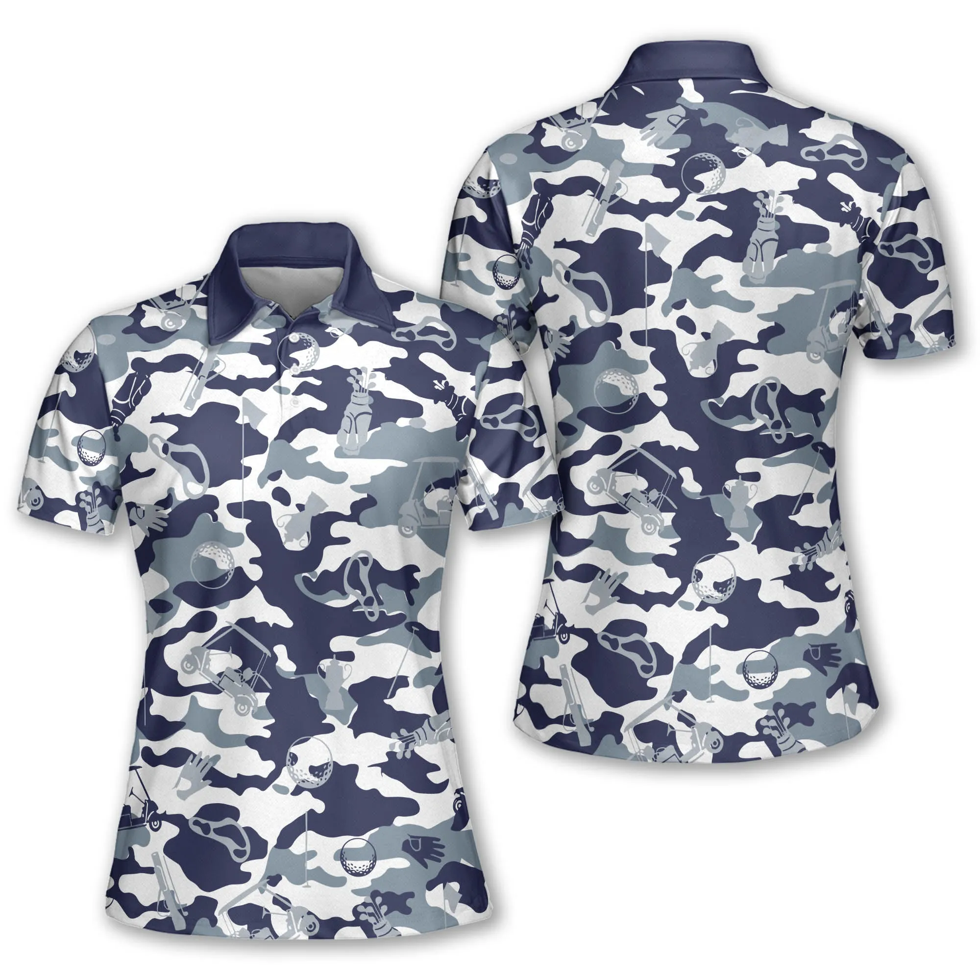 Blue And White Camouflage Golf Set Women Short Sleeve Polo Shirt, Sleeveless Polo Shirt