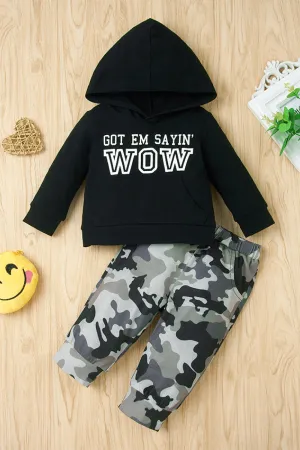 Boys Letter Pattern Hoodie and Camouflage Pants Set