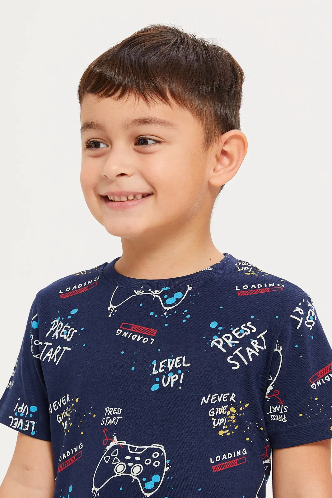 Boys Navy And Blue Game Over Printed T-Shirt Set (Pack Of 2)