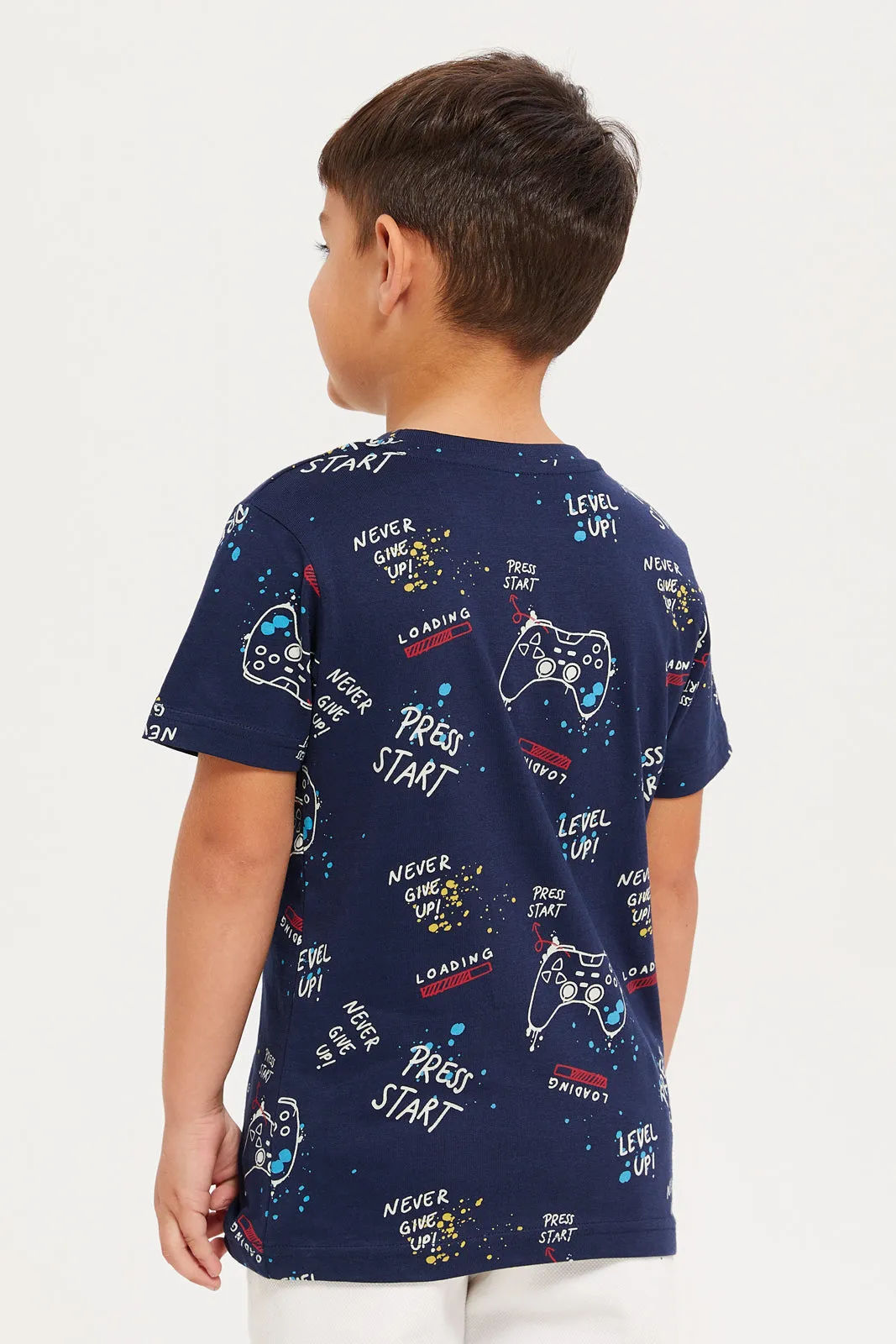 Boys Navy And Blue Game Over Printed T-Shirt Set (Pack Of 2)