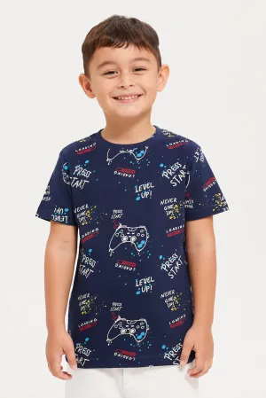 Boys Navy And Blue Game Over Printed T-Shirt Set (Pack Of 2)