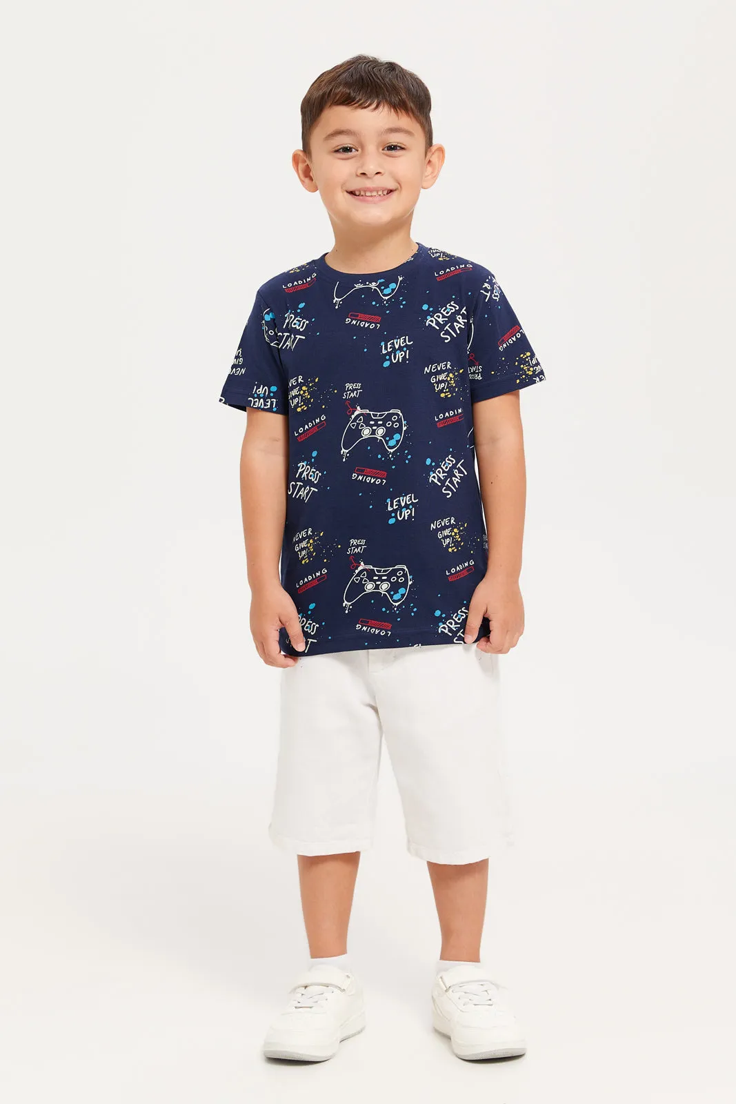 Boys Navy And Blue Game Over Printed T-Shirt Set (Pack Of 2)