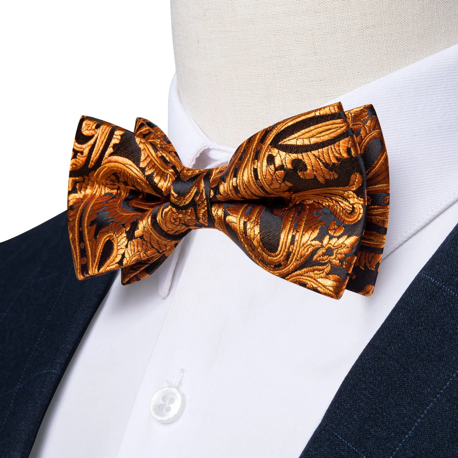 Brown Golden Floral Silk Men's Pre-Bowtie Pocket Square Cufflinks Set