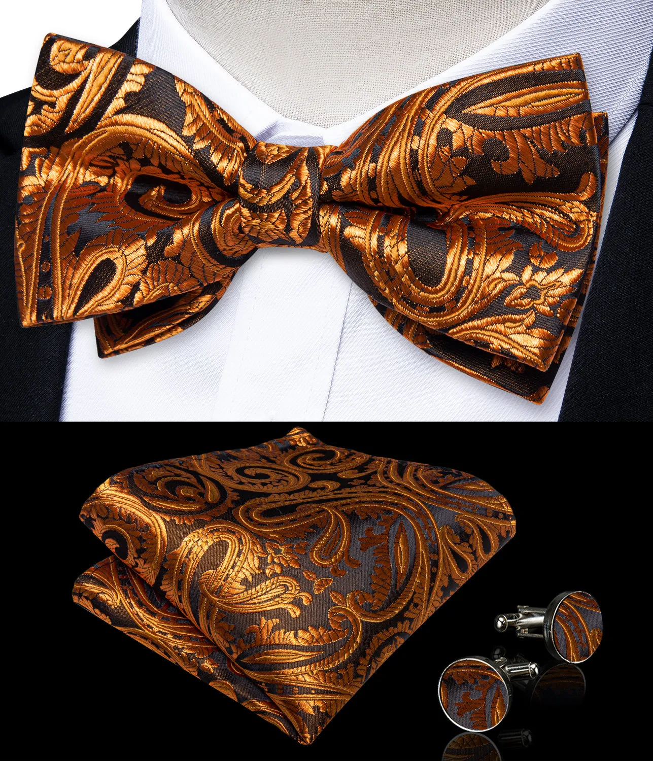 Brown Golden Floral Silk Men's Pre-Bowtie Pocket Square Cufflinks Set