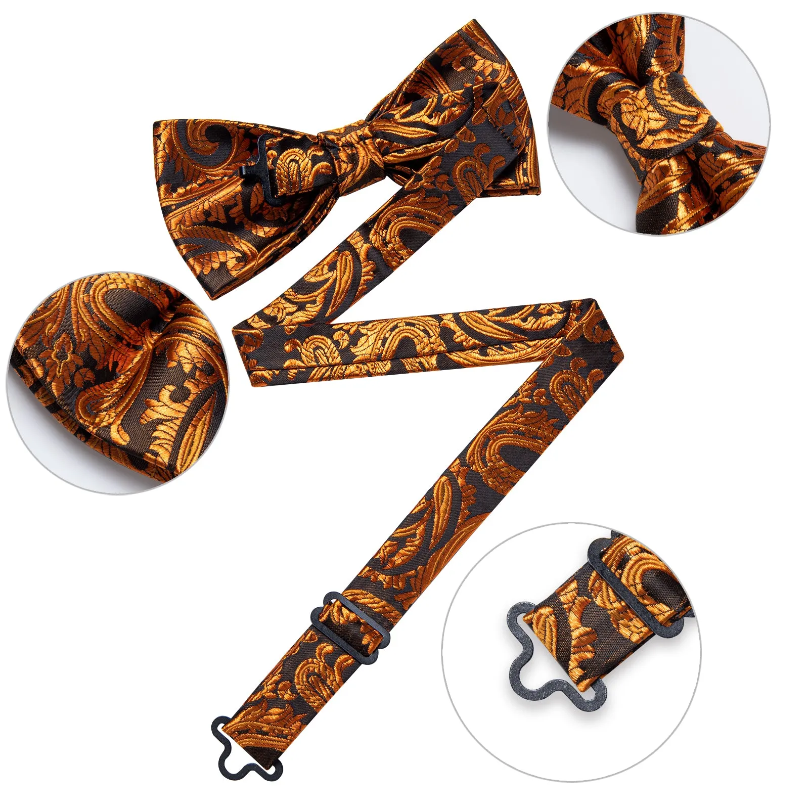 Brown Golden Floral Silk Men's Pre-Bowtie Pocket Square Cufflinks Set