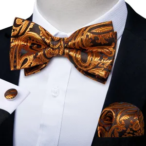 Brown Golden Floral Silk Men's Pre-Bowtie Pocket Square Cufflinks Set