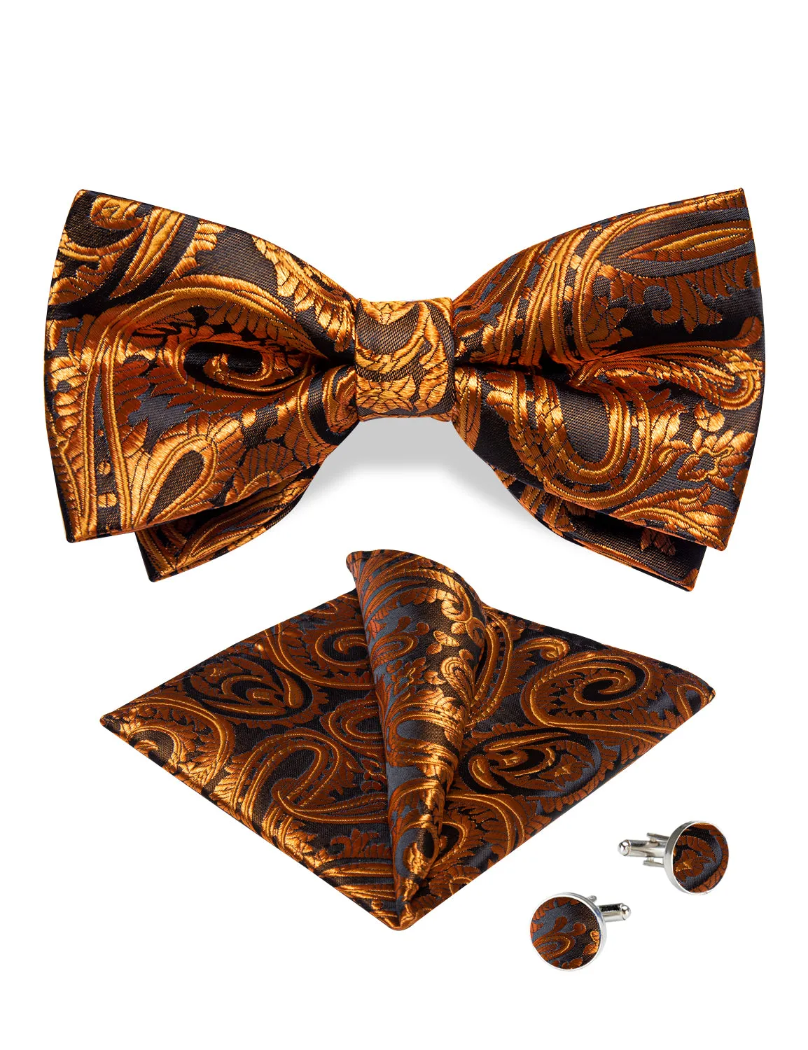 Brown Golden Floral Silk Men's Pre-Bowtie Pocket Square Cufflinks Set