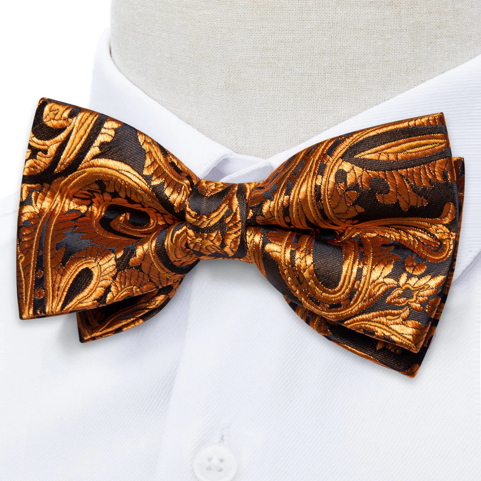 Brown Golden Floral Silk Men's Pre-Bowtie Pocket Square Cufflinks Set