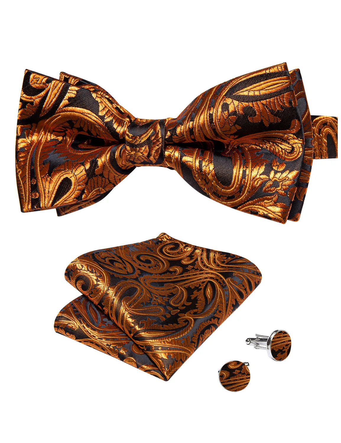 Brown Golden Floral Silk Men's Pre-Bowtie Pocket Square Cufflinks Set