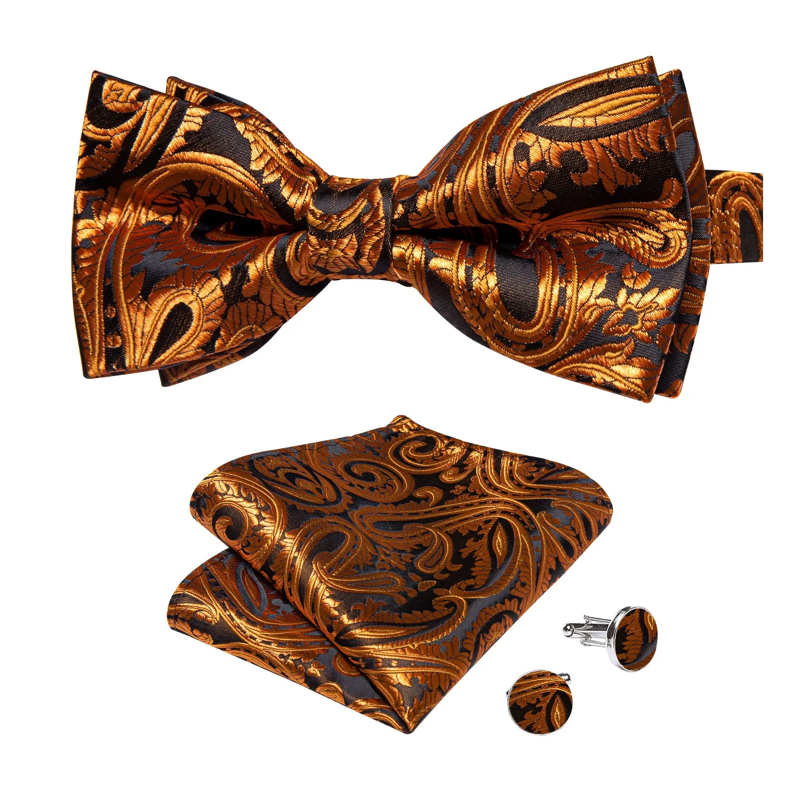 Brown Golden Floral Silk Men's Pre-Bowtie Pocket Square Cufflinks Set