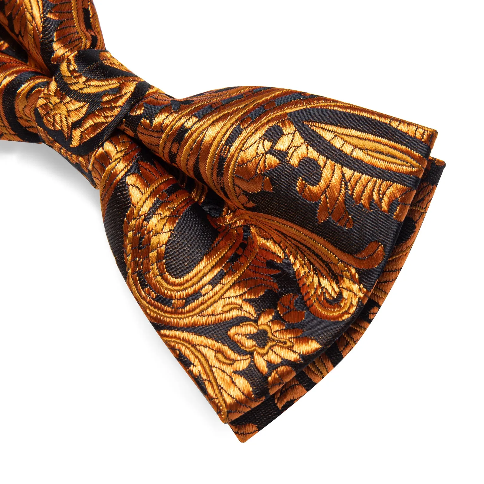 Brown Golden Floral Silk Men's Pre-Bowtie Pocket Square Cufflinks Set