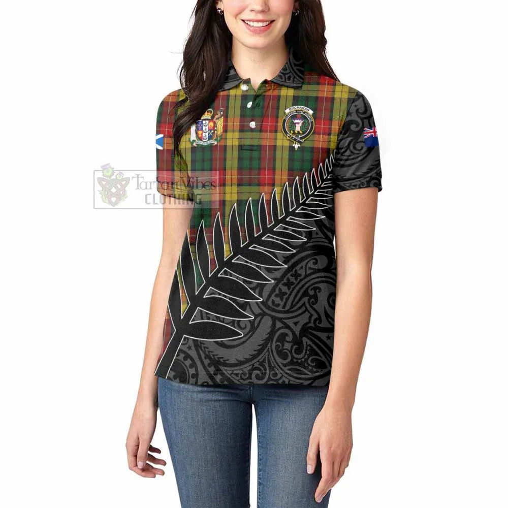 Buchanan Crest Tartan Women's Polo Shirt with New Zealand Silver Fern Half Style