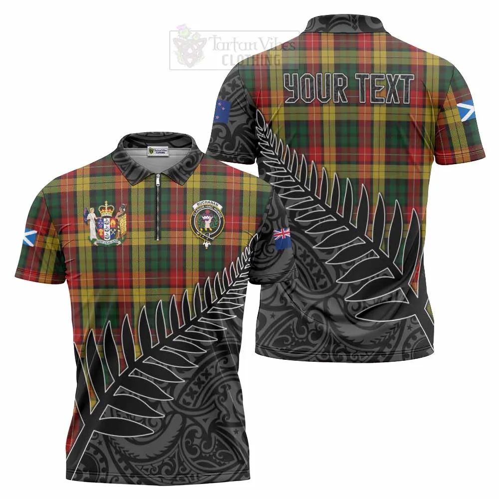 Buchanan Crest Tartan Zipper Polo Shirt with New Zealand Silver Fern Half Style