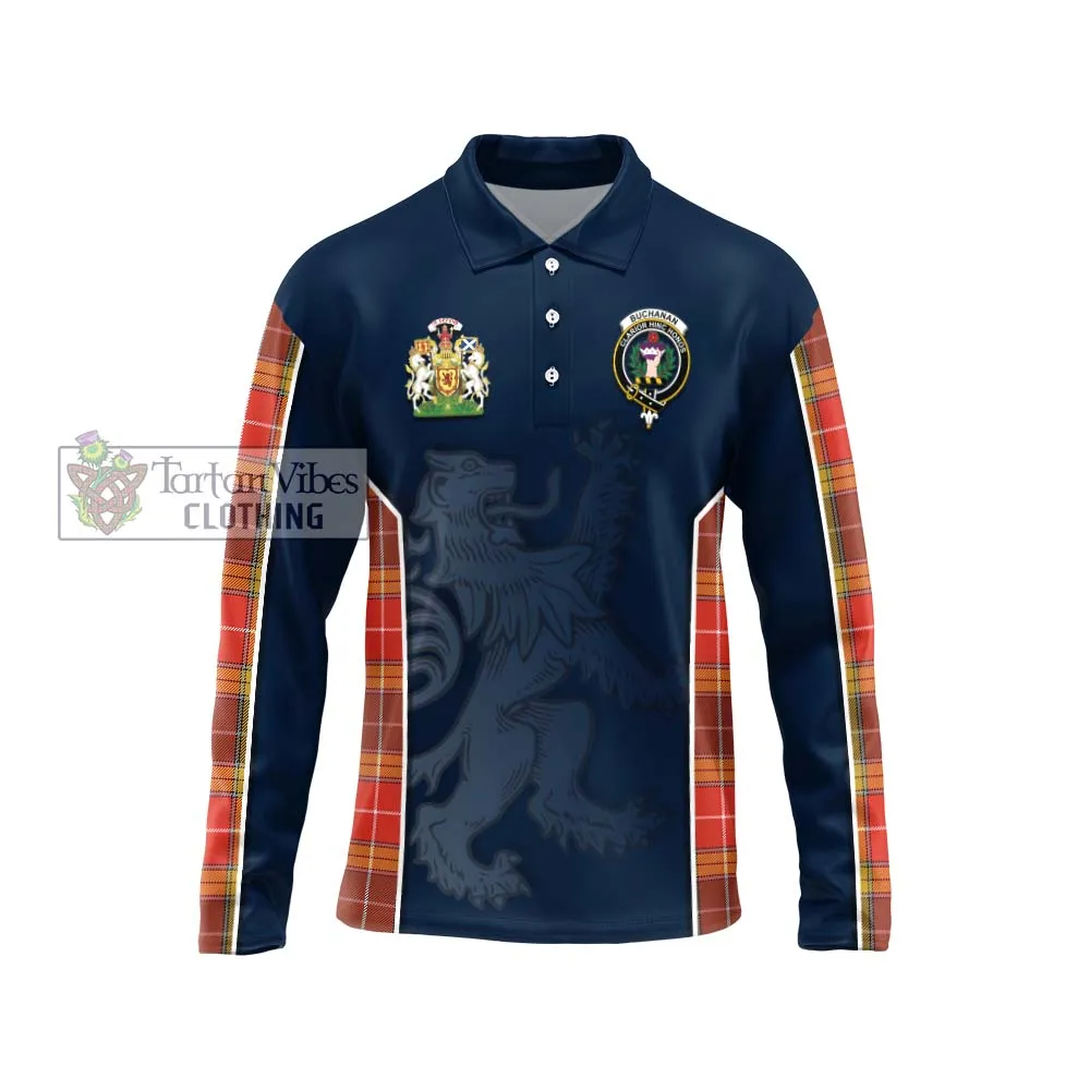 Buchanan Old Set Weathered Tartan Long Sleeve Polo Shirt with Family Crest and Lion Rampant Vibes Sport Style