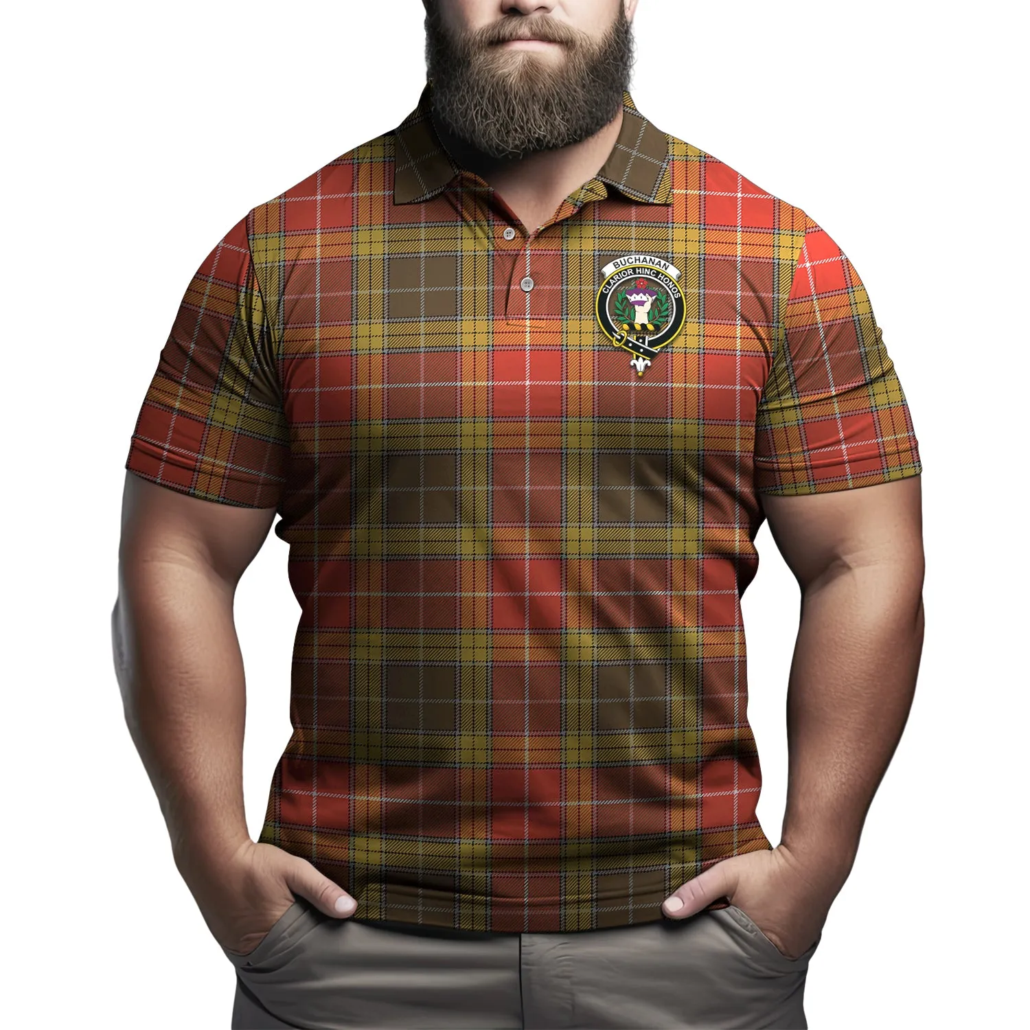 Buchanan Old Set Weathered Tartan Men's Polo Shirt with Family Crest