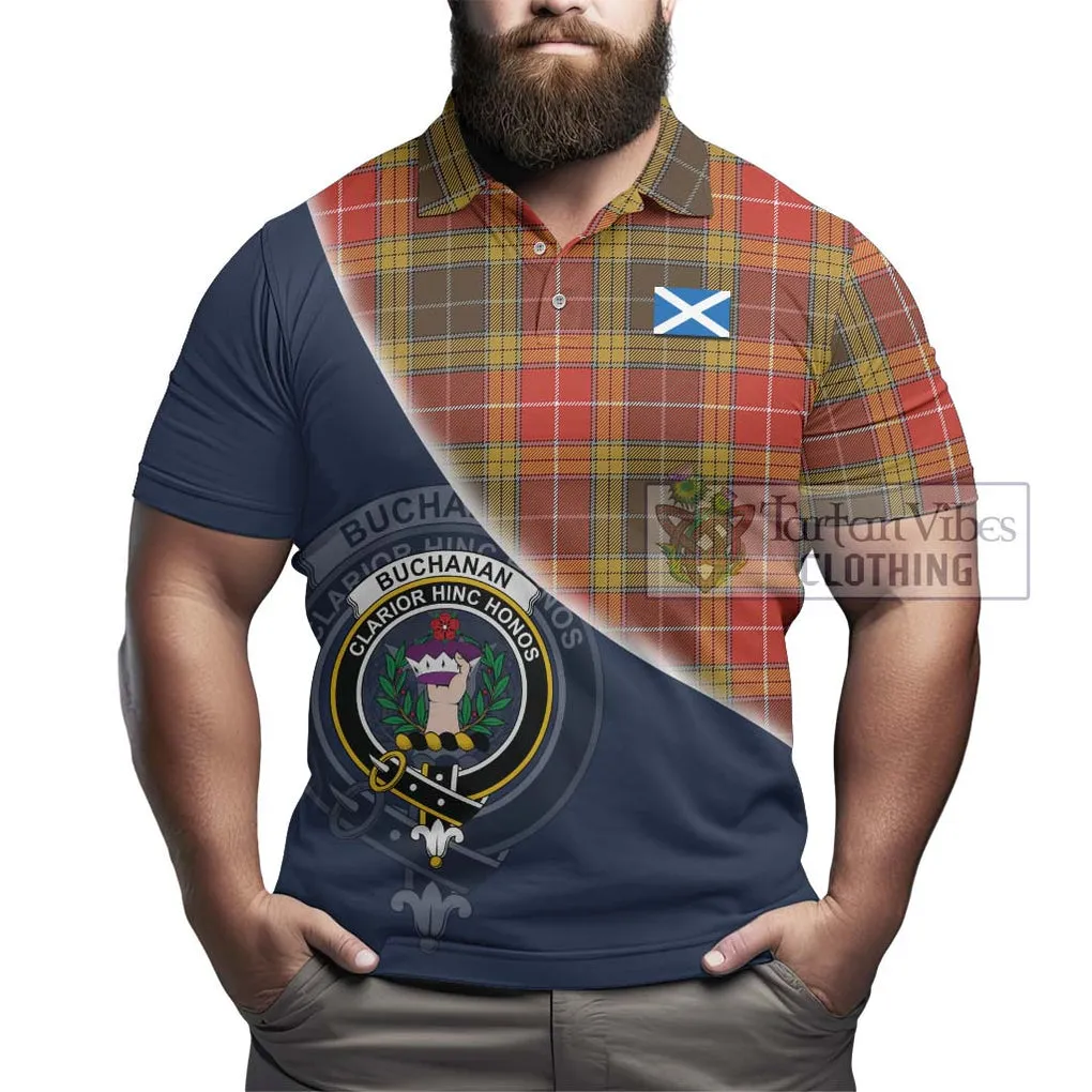 Buchanan Old Set Weathered Tartan Polo Shirt with Personalised National Flag and Family Crest Half Style