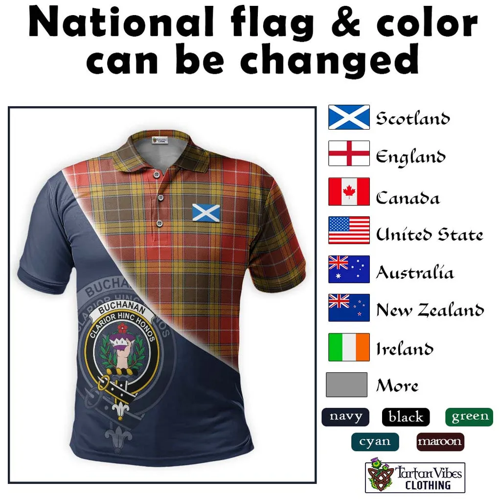 Buchanan Old Set Weathered Tartan Polo Shirt with Personalised National Flag and Family Crest Half Style