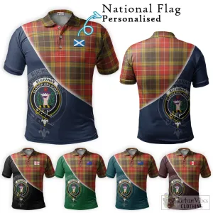 Buchanan Old Set Weathered Tartan Polo Shirt with Personalised National Flag and Family Crest Half Style