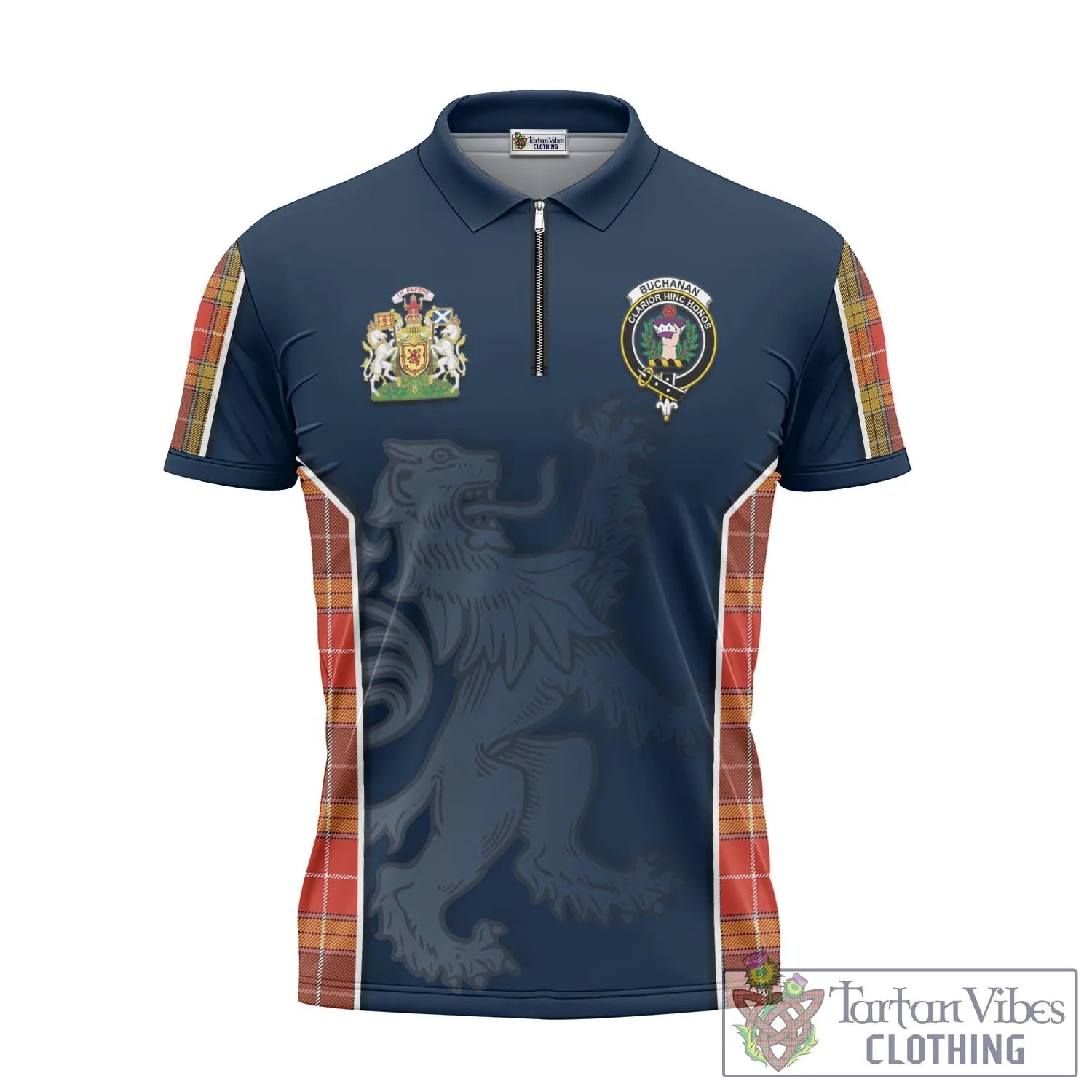 Buchanan Old Set Weathered Tartan Zipper Polo Shirt with Family Crest and Lion Rampant Vibes Sport Style