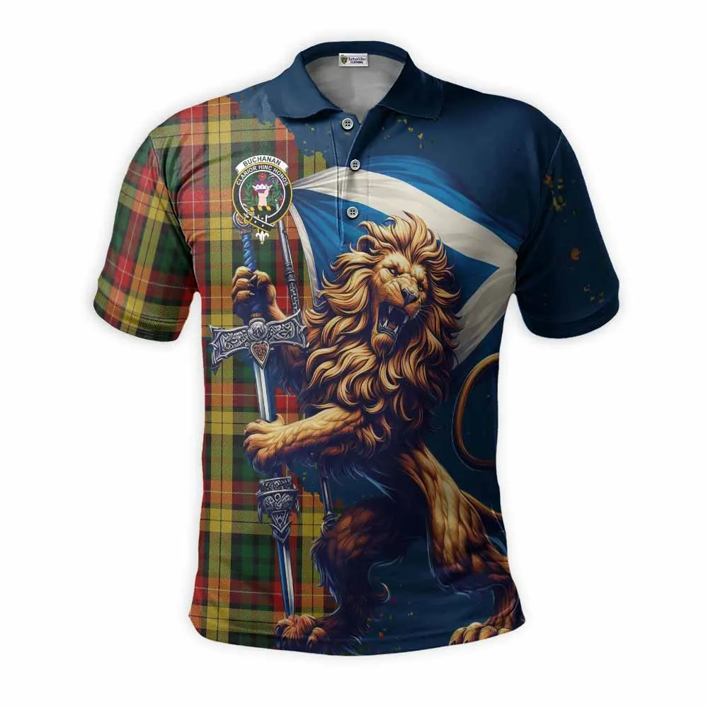 Buchanan Tartan Family Crest Men's Polo Shirt with Scottish Majestic Lion