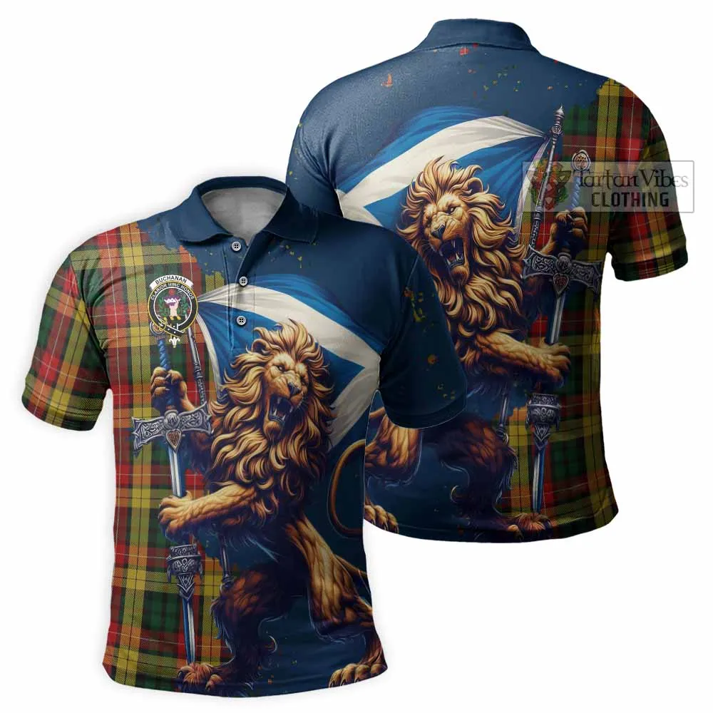 Buchanan Tartan Family Crest Men's Polo Shirt with Scottish Majestic Lion