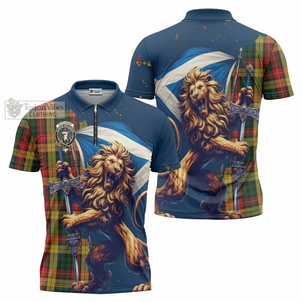 Buchanan Tartan Family Crest Zipper Polo Shirt with Scottish Majestic Lion