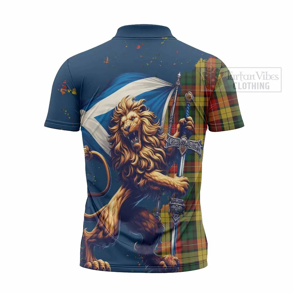 Buchanan Tartan Family Crest Zipper Polo Shirt with Scottish Majestic Lion