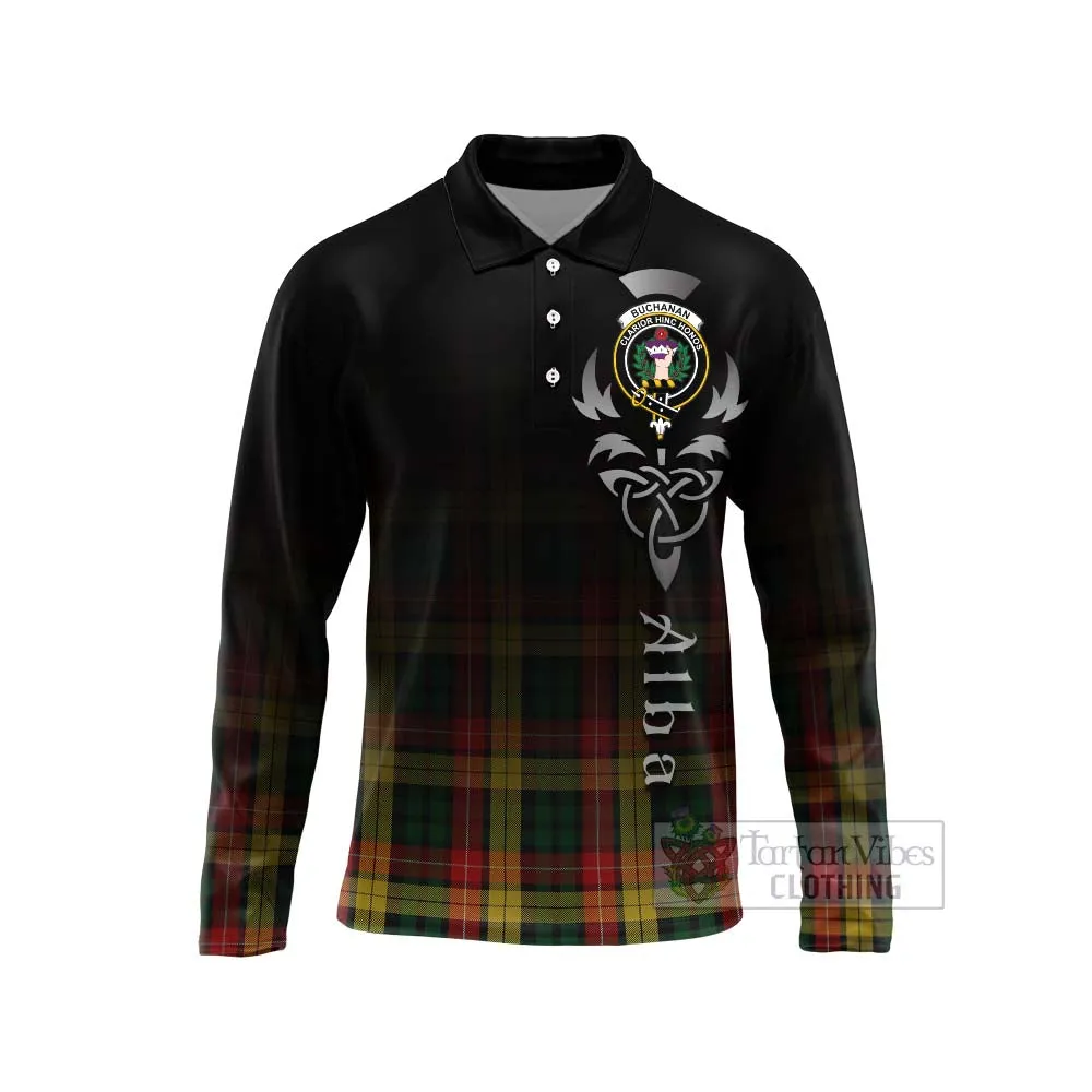 Buchanan Tartan Long Sleeve Polo Shirt Featuring Alba Gu Brath Family Crest Celtic Inspired