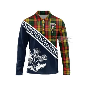 Buchanan Tartan Long Sleeve Polo Shirt Featuring Thistle and Scotland Map