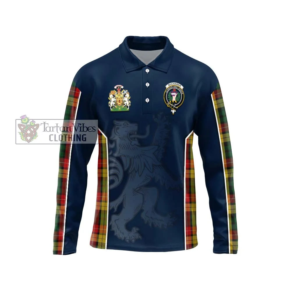 Buchanan Tartan Long Sleeve Polo Shirt with Family Crest and Lion Rampant Vibes Sport Style