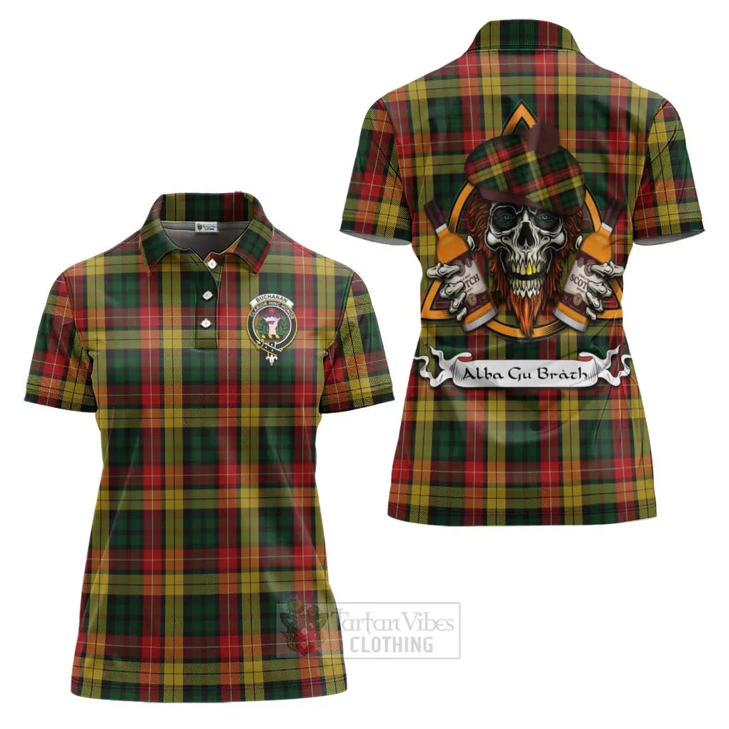 Buchanan Tartan Women's Polo Shirt with Family Crest and Bearded Skull Holding Bottles of Whiskey