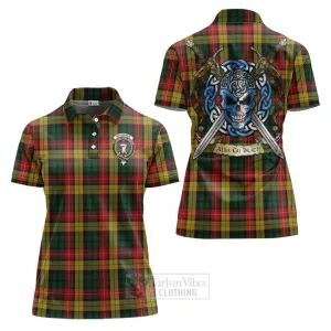 Buchanan Tartan Women's Polo Shirt with Family Crest Celtic Skull Style