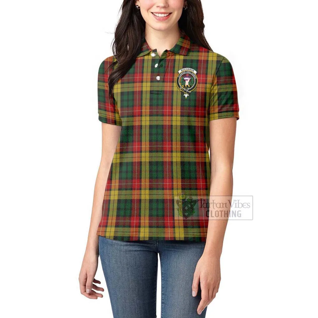 Buchanan Tartan Women's Polo Shirt with Family Crest Celtic Skull Style