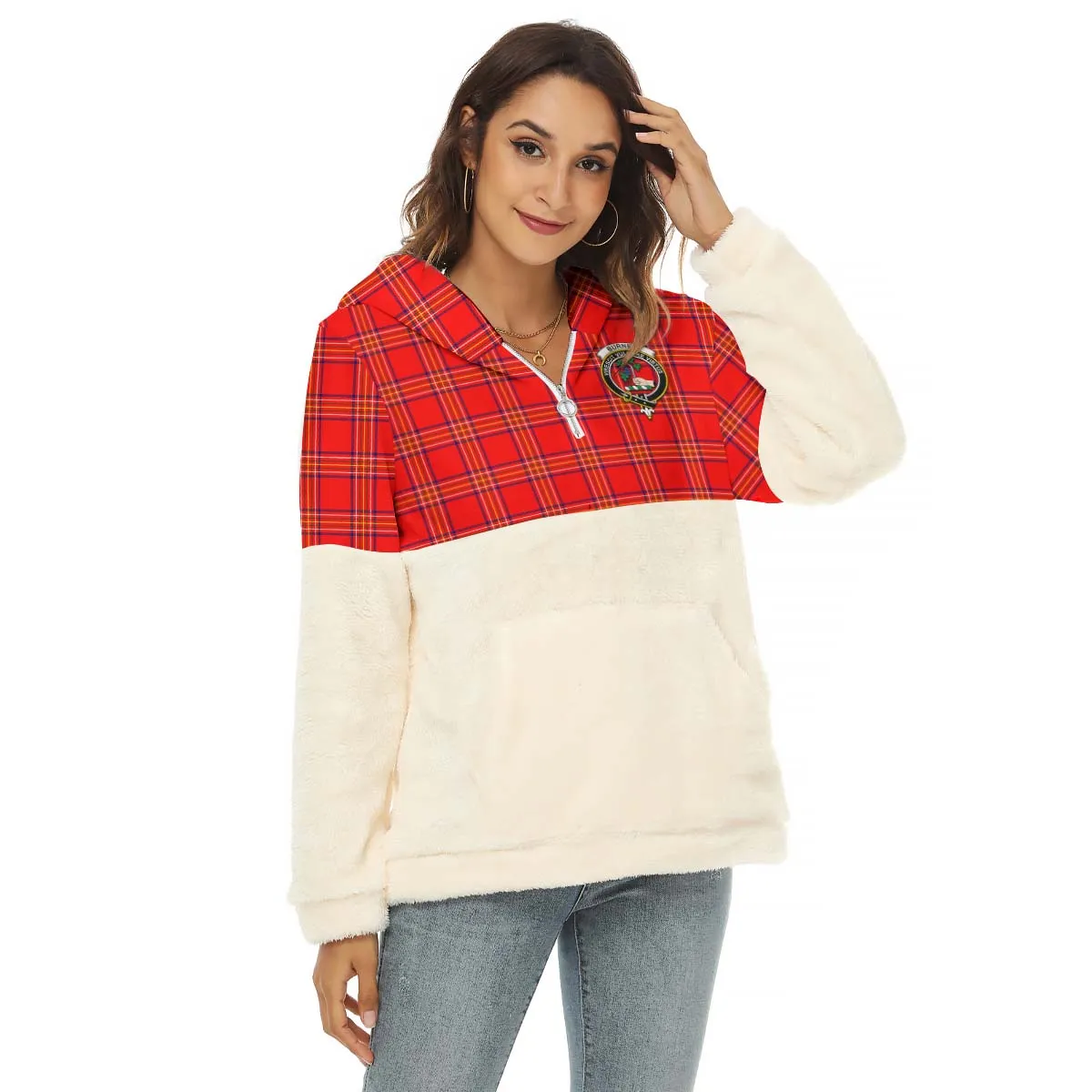 Burnett Modern Tartan Women's Borg Fleece Hoodie With Half Zip with Family Crest