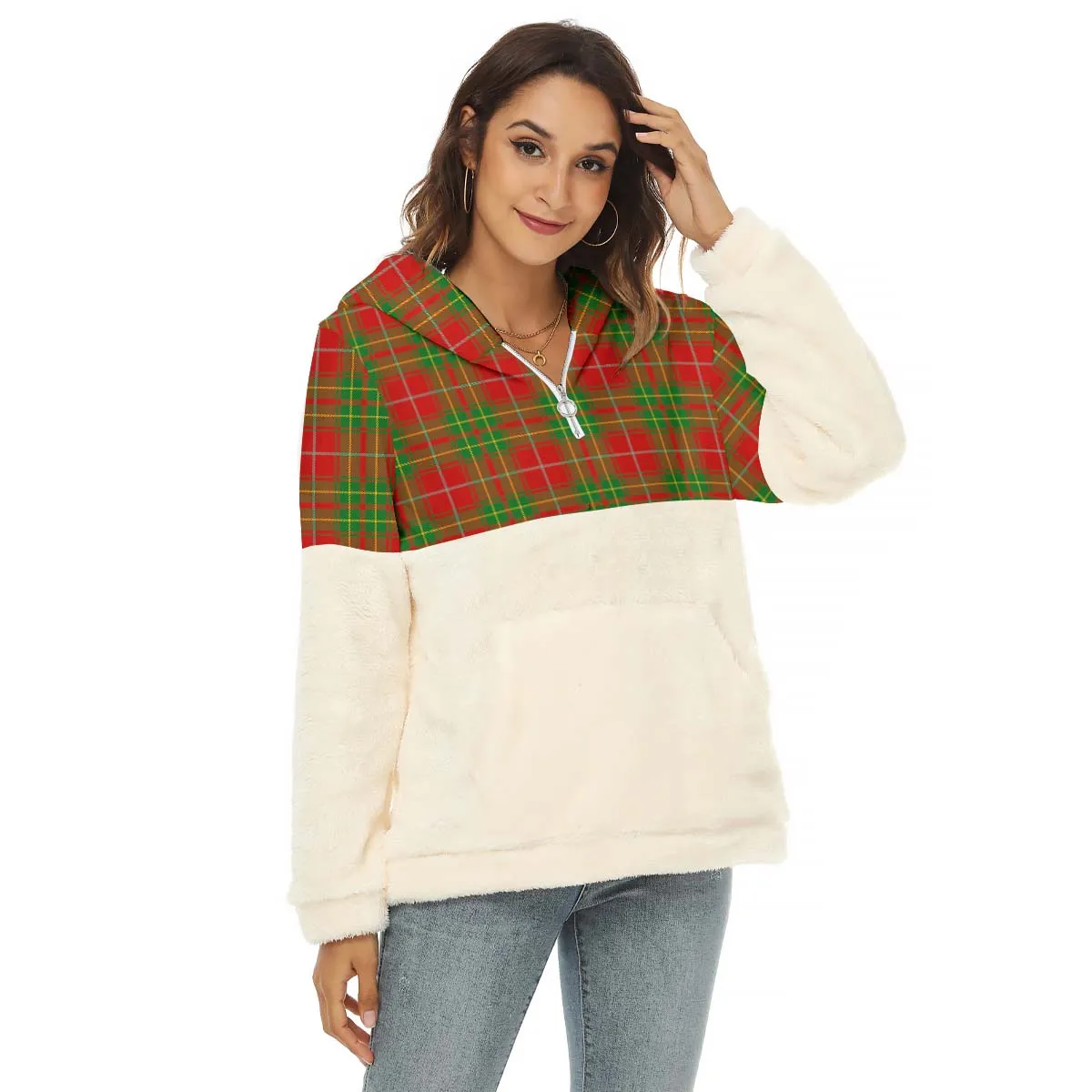 Burnett Tartan Women's Borg Fleece Hoodie With Half Zip