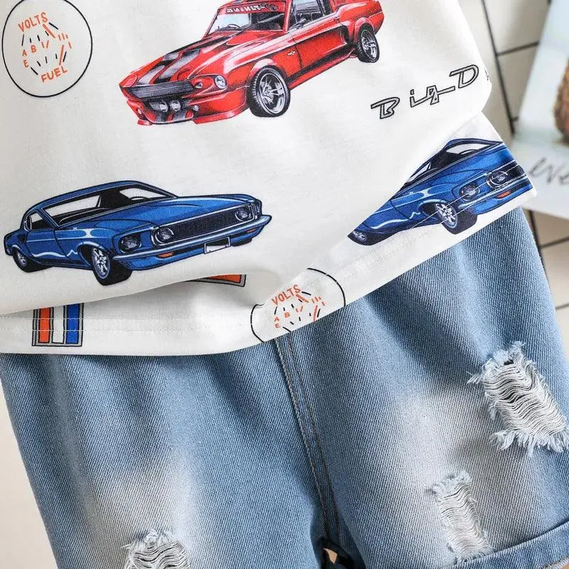 Car Print Tee   Ripped Denim Shorts Set - Toddler Boy (2Pcs)