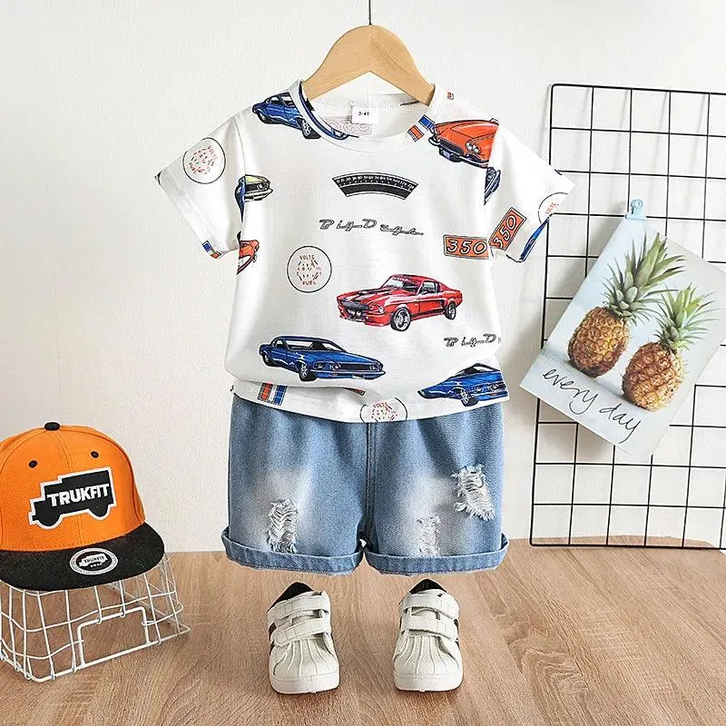 Car Print Tee   Ripped Denim Shorts Set - Toddler Boy (2Pcs)