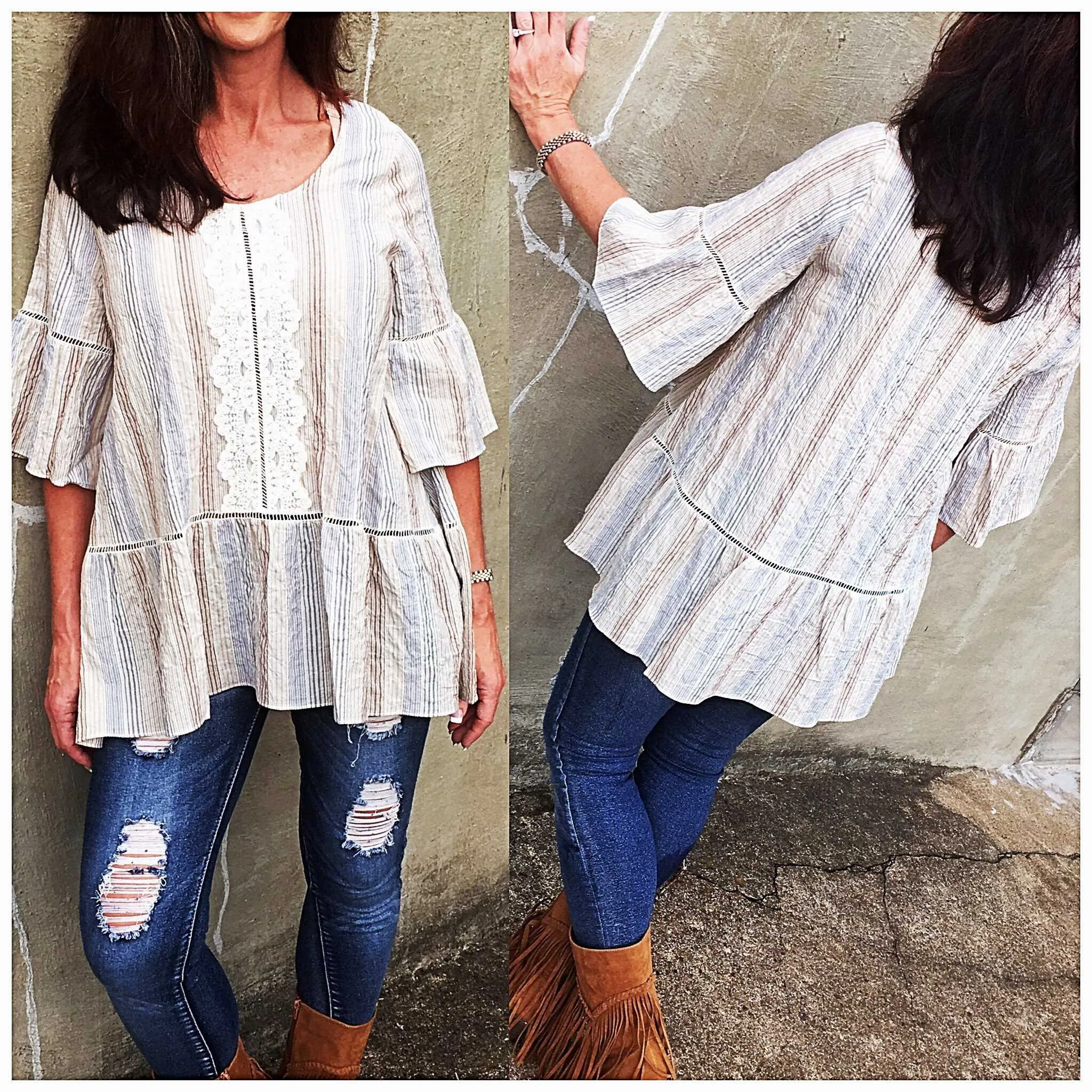 Crinkle Denim & Lace Striped Baby Doll Peasant Top