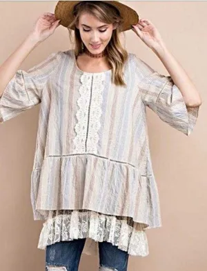 Crinkle Denim & Lace Striped Baby Doll Peasant Top