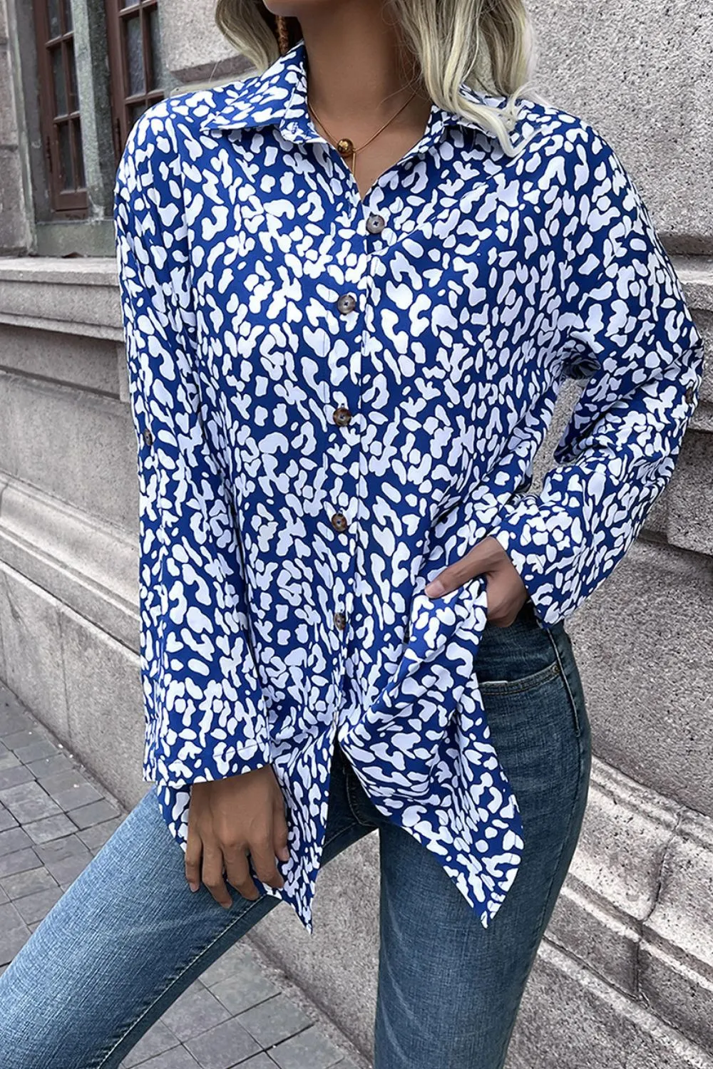 Double Take Leopard Roll-Tap Sleeve Shirt