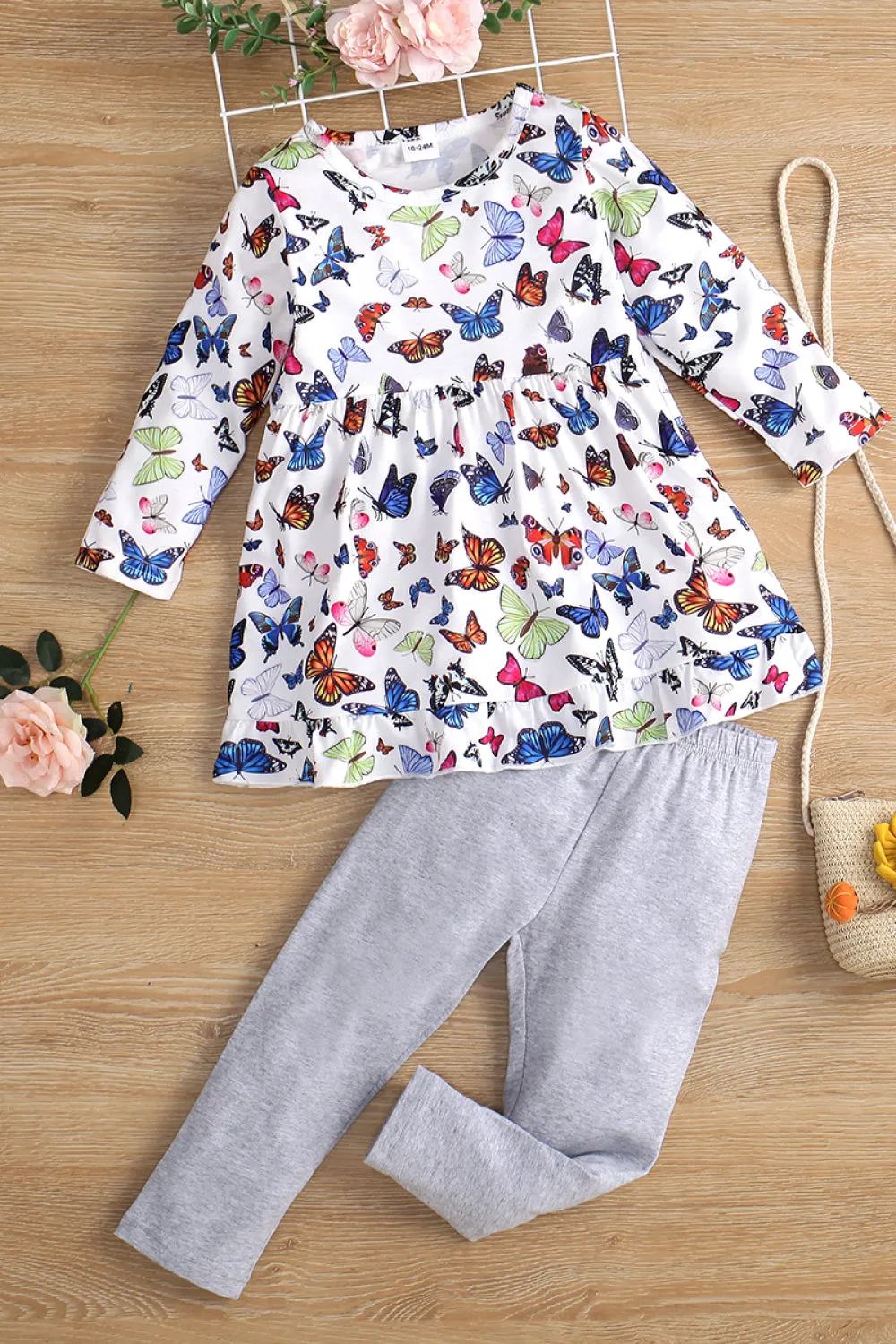 Girls Butterfly Pattern Dress and Pants Set