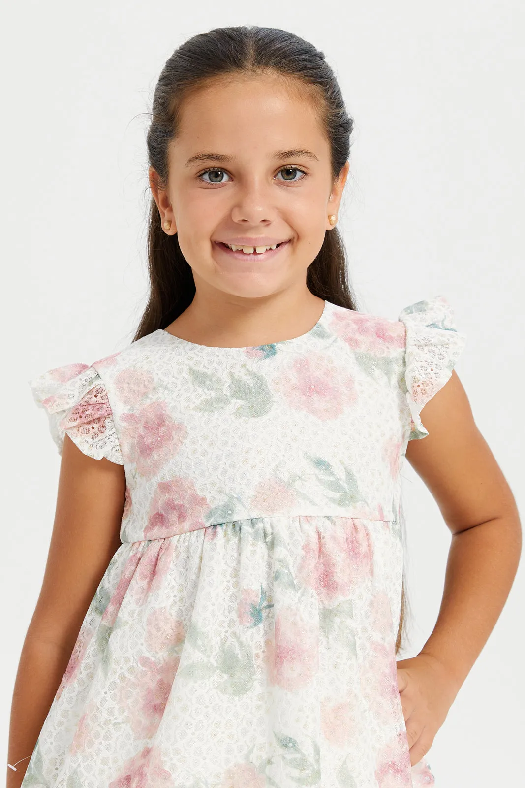 Girls Cream Rose Printed Lace Blouse