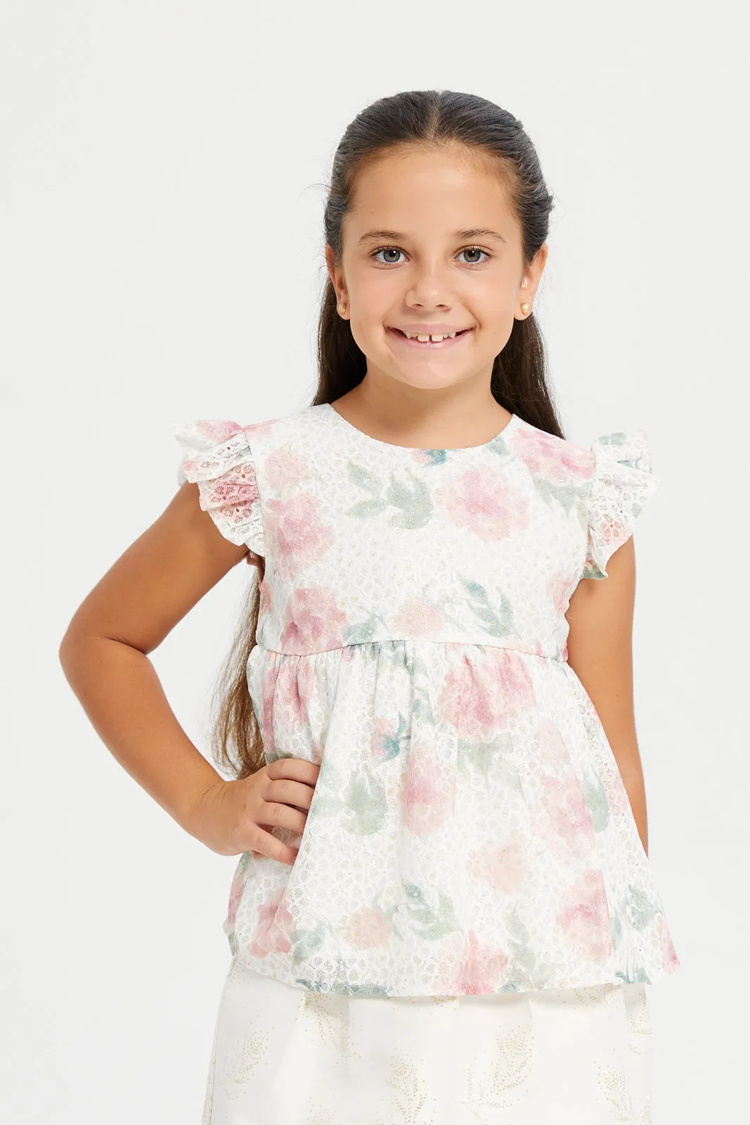 Girls Cream Rose Printed Lace Blouse